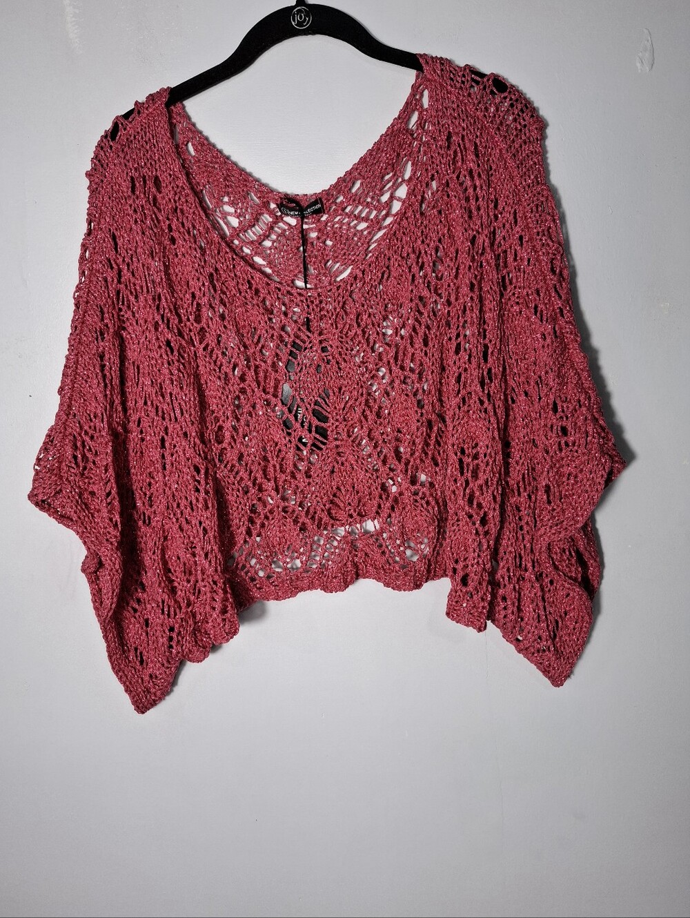 Charisma Open-Weave Cropped Crochet Tunic in Rose Pink Metallic Sz OS